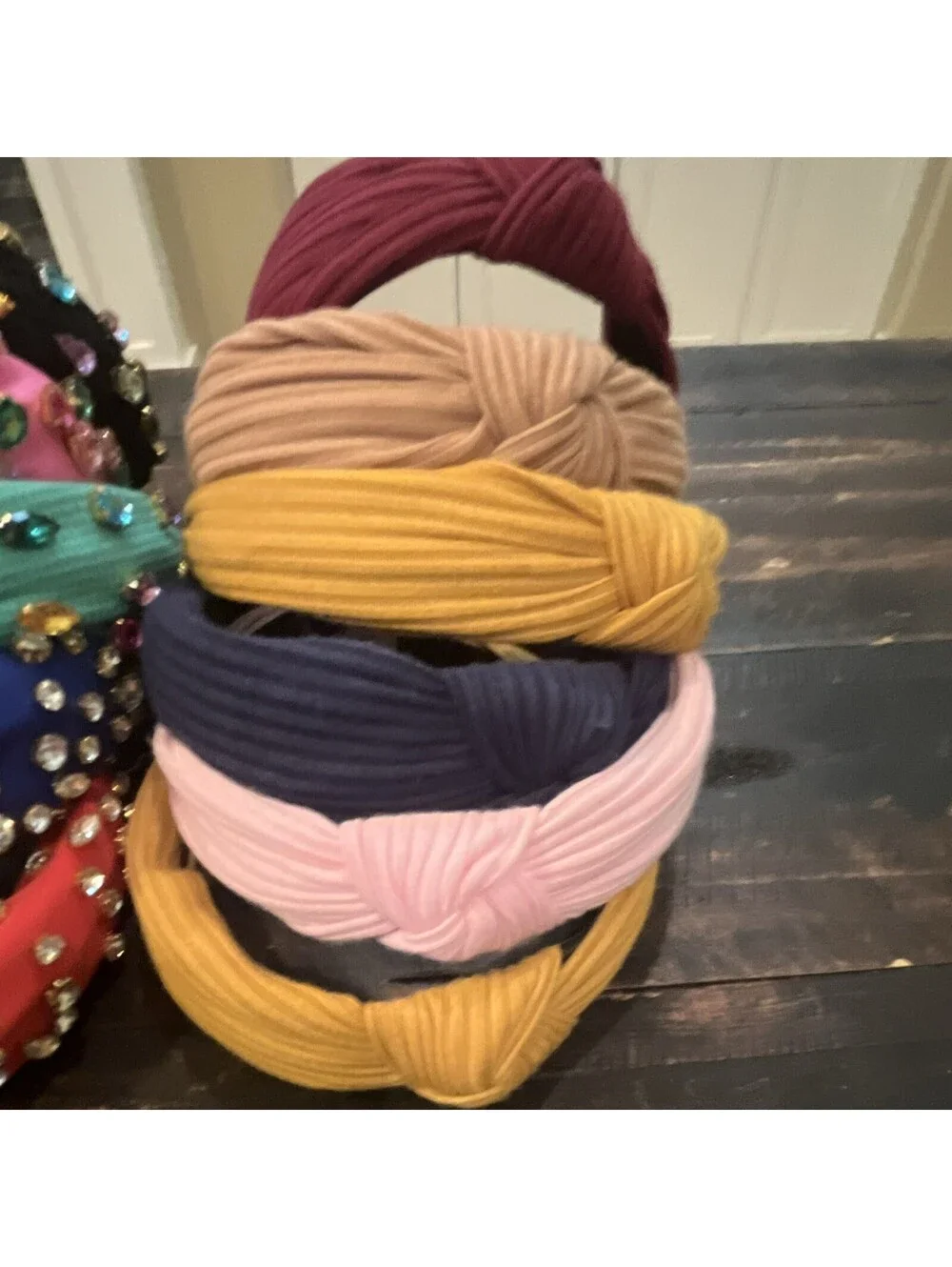 Women’s Multicolor Fabric Knotted Turban Headband with Beaded Accents Solid